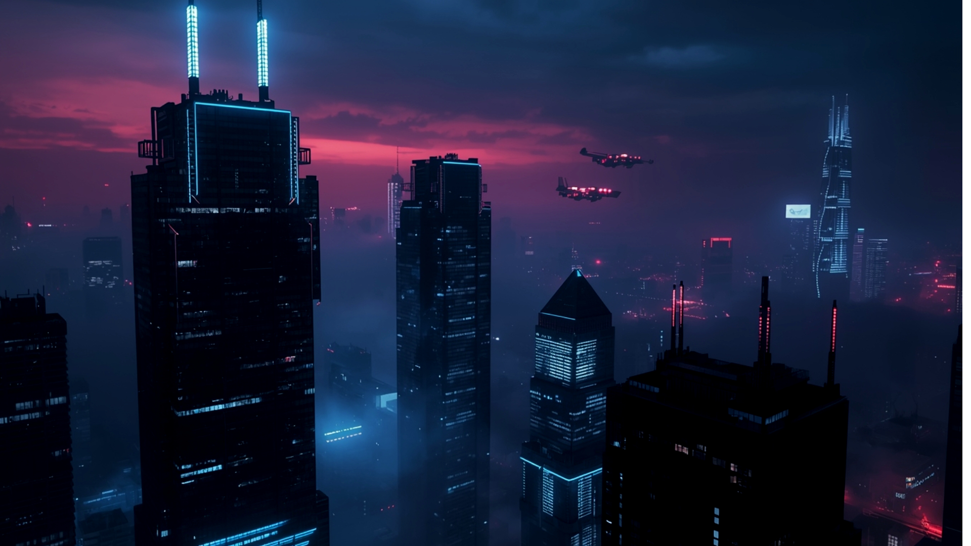 Neon lit sky scrappers with fog and flying cars amoled